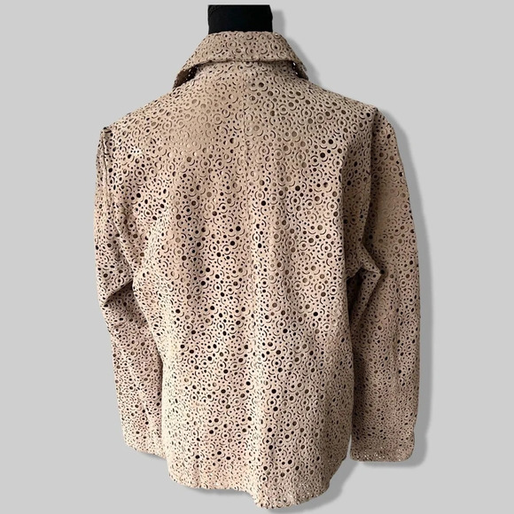 Chico's Tan Genuine Leather Laser Cutout Long Sleeve Open Front  Jacket - Picture 3 of 12